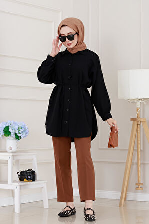 Önü Ekli Bol Kalıp Tunik-Siyah