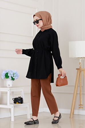 Önü Ekli Bol Kalıp Tunik-Siyah