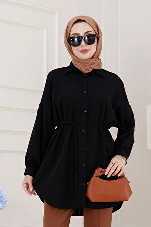 Önü Ekli Bol Kalıp Tunik-Siyah