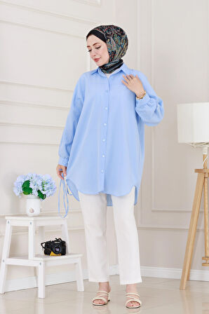 Önü Ekli Bol Kalıp Tunik-Bebe mavi