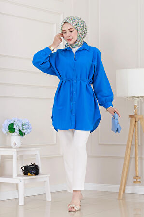 Önü Ekli Bol Kalıp Tunik-Mavi