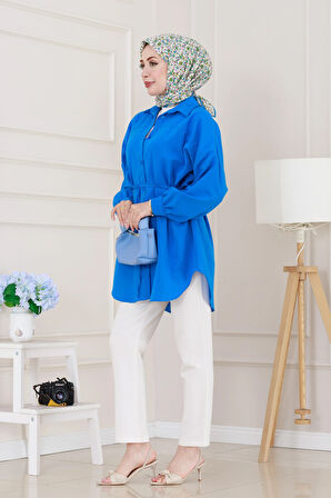 Önü Ekli Bol Kalıp Tunik-Mavi
