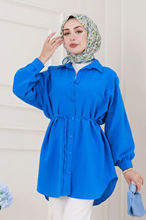 Önü Ekli Bol Kalıp Tunik-Mavi