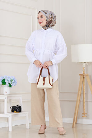 Önü Ekli Bol Kalıp Tunik-Beyaz