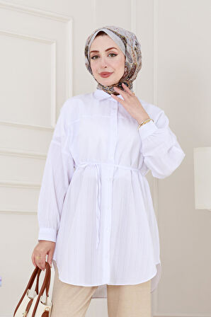 Önü Ekli Bol Kalıp Tunik-Beyaz