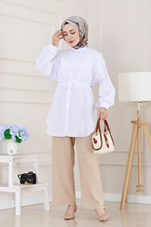 Önü Ekli Bol Kalıp Tunik-Beyaz