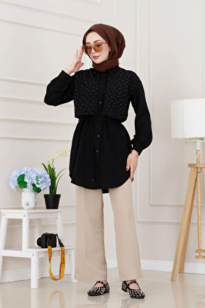 Beli Bağcıklı Allerli Taşlı Tunik-Siyah