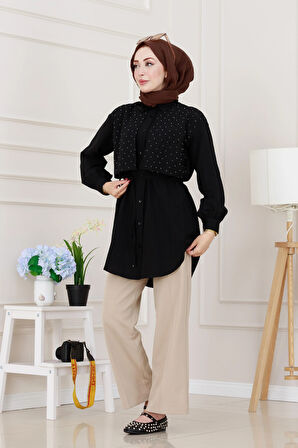 Beli Bağcıklı Allerli Taşlı Tunik-Siyah