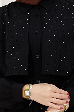 Beli Bağcıklı Allerli Taşlı Tunik-Siyah