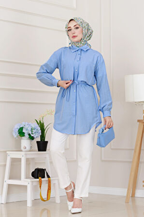 Beli Bağcıklı Allerli Taşlı Tunik-Bebe mavi