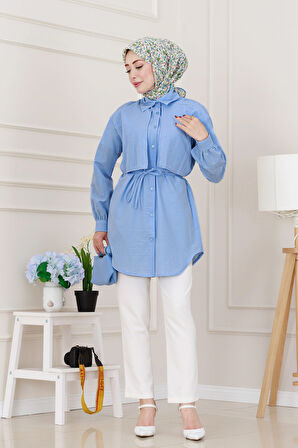 Beli Bağcıklı Allerli Taşlı Tunik-Bebe mavi