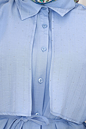 Beli Bağcıklı Allerli Taşlı Tunik-Bebe mavi