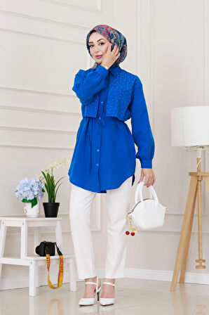 Beli Bağcıklı Allerli Taşlı Tunik-Mavi