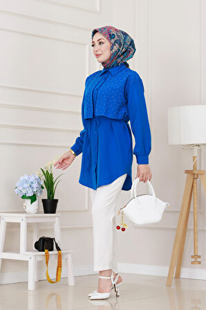 Beli Bağcıklı Allerli Taşlı Tunik-Mavi