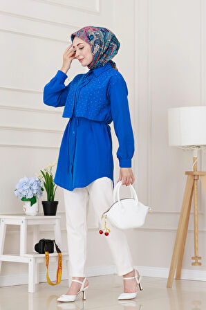 Beli Bağcıklı Allerli Taşlı Tunik-Mavi