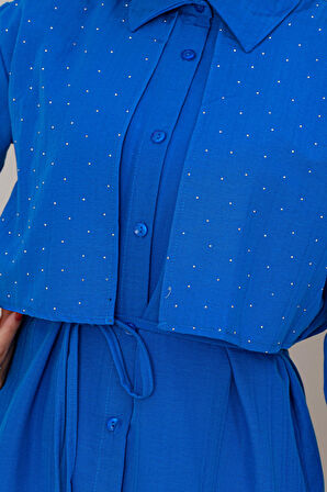 Beli Bağcıklı Allerli Taşlı Tunik-Mavi