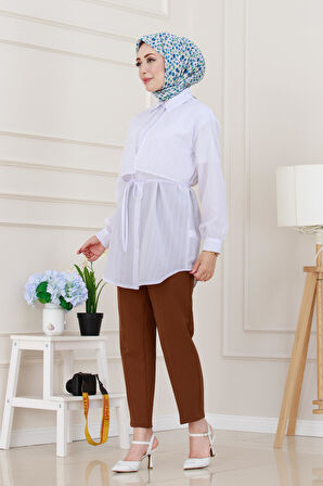 Beli Bağcıklı Allerli Taşlı Tunik-Beyaz