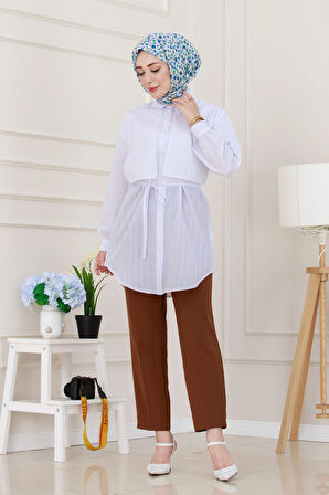 Beli Bağcıklı Allerli Taşlı Tunik-Beyaz