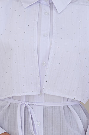 Beli Bağcıklı Allerli Taşlı Tunik-Beyaz