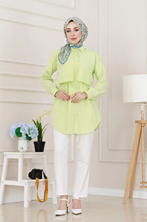 Beli Bağcıklı Allerli Taşlı Tunik-Sarı