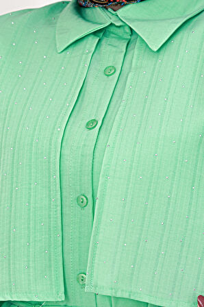 Beli Bağcıklı Allerli Taşlı Tunik-Su Yeşili