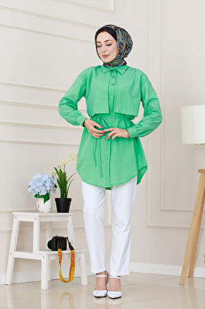 Beli Bağcıklı Allerli Taşlı Tunik-Su Yeşili