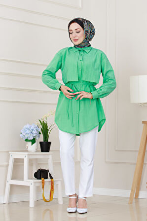 Beli Bağcıklı Allerli Taşlı Tunik-Su Yeşili