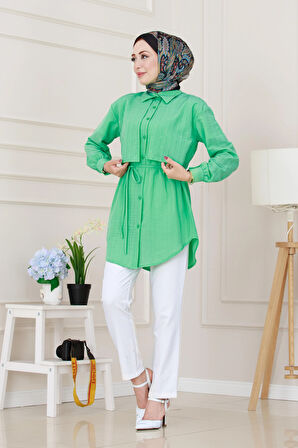 Beli Bağcıklı Allerli Taşlı Tunik-Su Yeşili