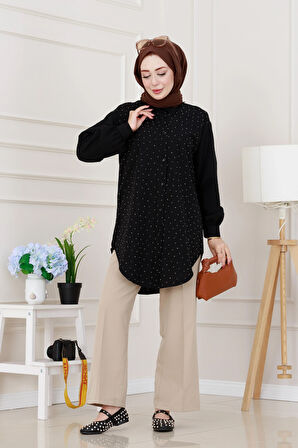 Göğüsü Taş Detaylı Oversize Tunik-Siyah