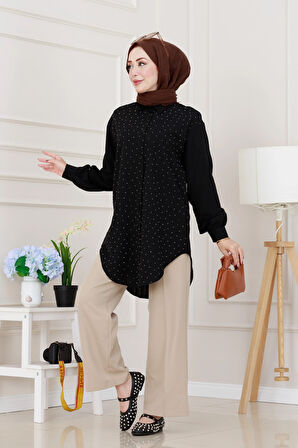 Göğüsü Taş Detaylı Oversize Tunik-Siyah