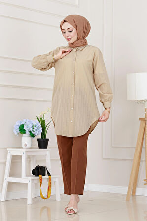 Göğüsü Taş Detaylı Oversize Tunik-Bej