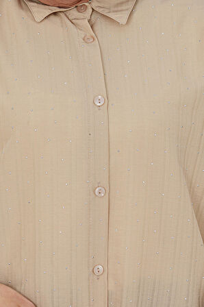 Göğüsü Taş Detaylı Oversize Tunik-Bej