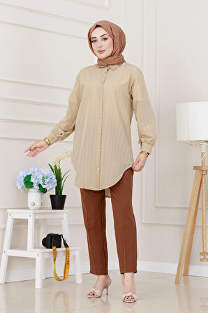 Göğüsü Taş Detaylı Oversize Tunik-Bej