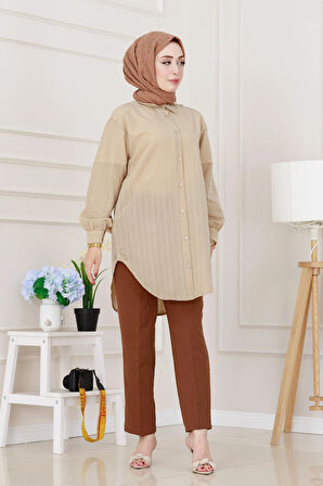 Göğüsü Taş Detaylı Oversize Tunik-Bej