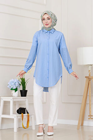 Göğüsü Taş Detaylı Oversize Tunik-Bebe mavi