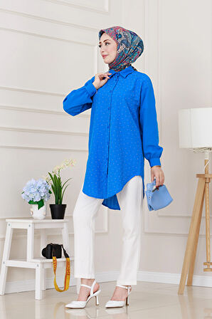 Göğüsü Taş Detaylı Oversize Tunik-Mavi