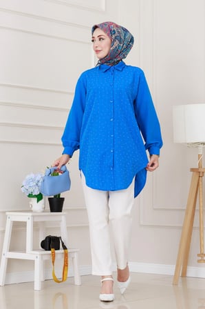 Göğüsü Taş Detaylı Oversize Tunik-Mavi