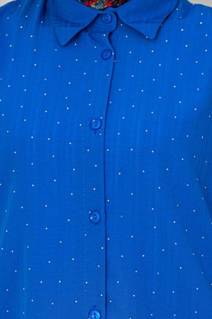 Göğüsü Taş Detaylı Oversize Tunik-Mavi
