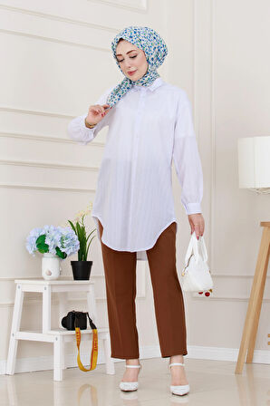 Göğüsü Taş Detaylı Oversize Tunik-Beyaz