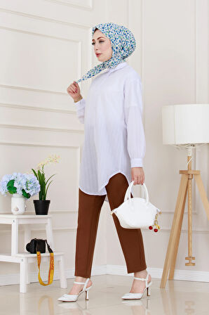 Göğüsü Taş Detaylı Oversize Tunik-Beyaz