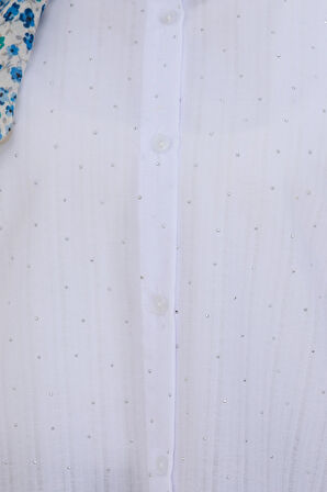 Göğüsü Taş Detaylı Oversize Tunik-Beyaz