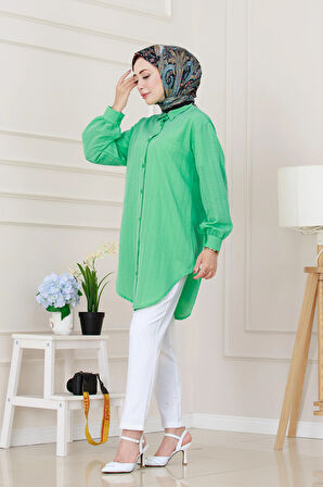 Göğüsü Taş Detaylı Oversize Tunik-Su Yeşili