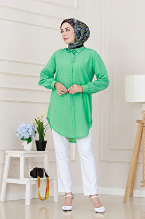 Göğüsü Taş Detaylı Oversize Tunik-Su Yeşili