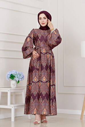 Balon Kol Saten Adel Elbise-Mor