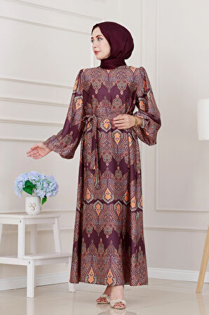 Balon Kol Saten Adel Elbise-Mor