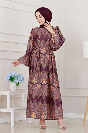 Balon Kol Saten Adel Elbise-Mor