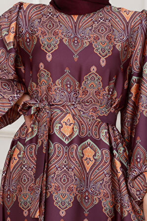 Balon Kol Saten Adel Elbise-Mor