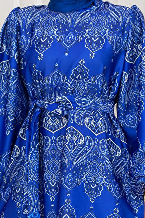 Balon Kol Saten Adel Elbise-Mavi