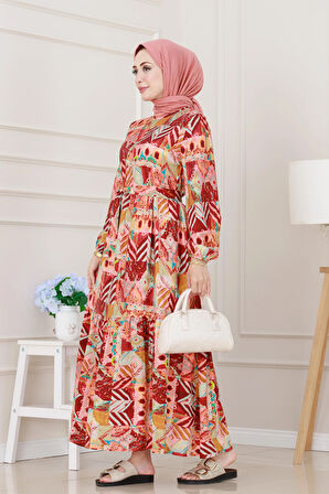 Etnik Desenli Kuşaklı Prenses Elbise-Bordo