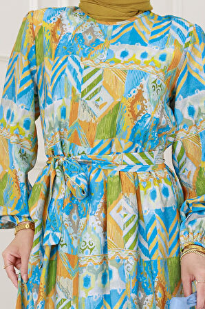 Etnik Desenli Kuşaklı Prenses Elbise-Mavi